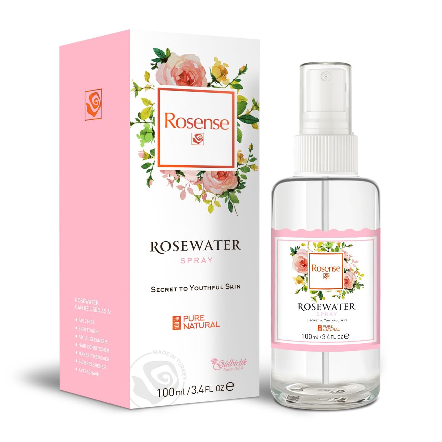 Rosense Glass Bottle Rosewater Hydrating Facial Toner/Rose Water Face Mist 3.4 Oz