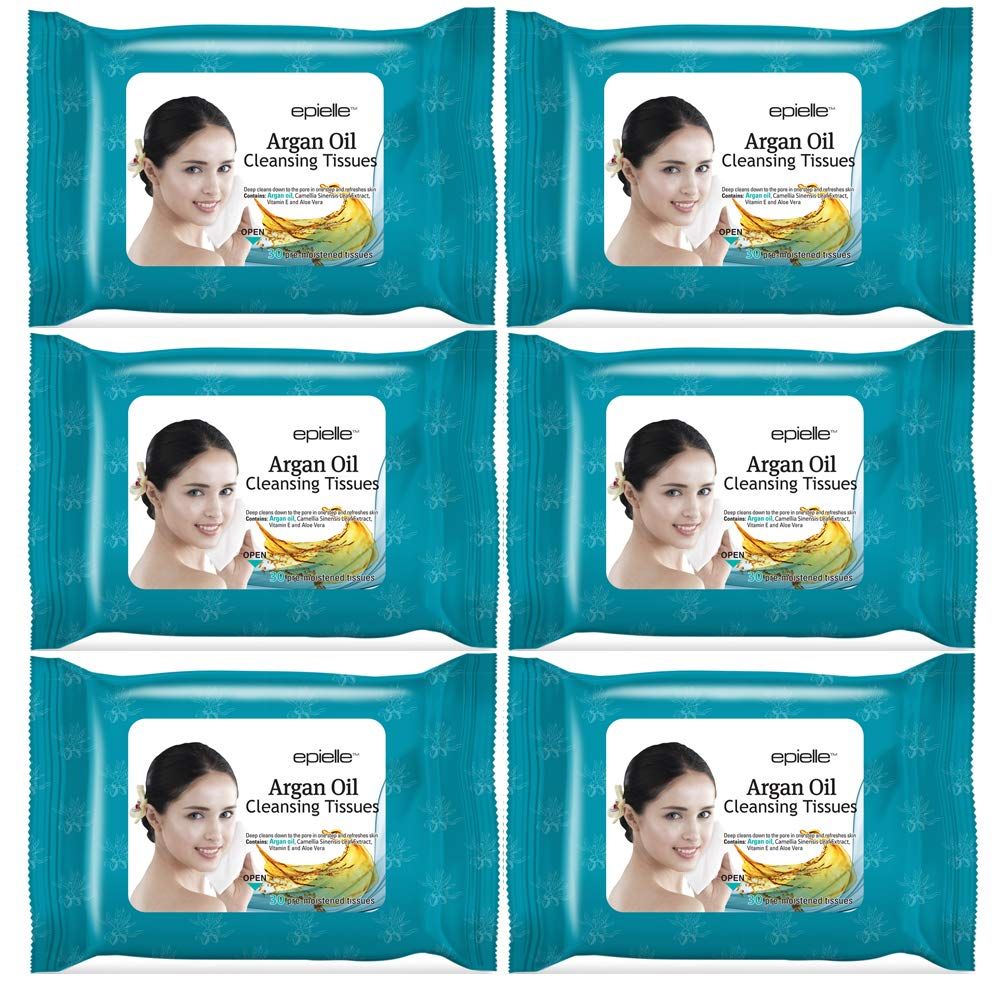 Epielle Argan Oil Makeup Remover Cleansing Wipes Tissue | Gentle for all Skin Types | Daily Facial Cleansing Towelettes | Removes Dirt, Oil, Makeup (Pack of 6)
