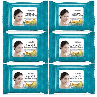 Epielle Argan Oil Makeup Remover Cleansing Wipes Tissue | Gentle for all Skin Types | Daily Facial Cleansing Towelettes | Removes Dirt, Oil, Makeup (Pack of 6)