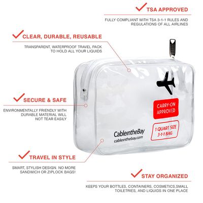 Cableinthebay TSA Approved Clear Travel Toiletry Bag-Quart Sized with Zipper-Airport Airline Compliant Bag/Bottles-Men's/Women's 3-1-1 Kit+Travel (1 PACK)