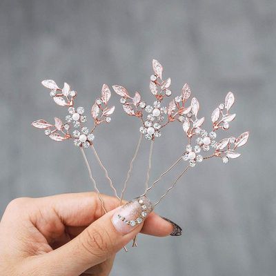 Heread Leaf Bride Wedding Hair Pins Crystal Bridal Head Dress Pearl Hair Accessories for Women and Girls (Pack of 3) (A Rose Gold)