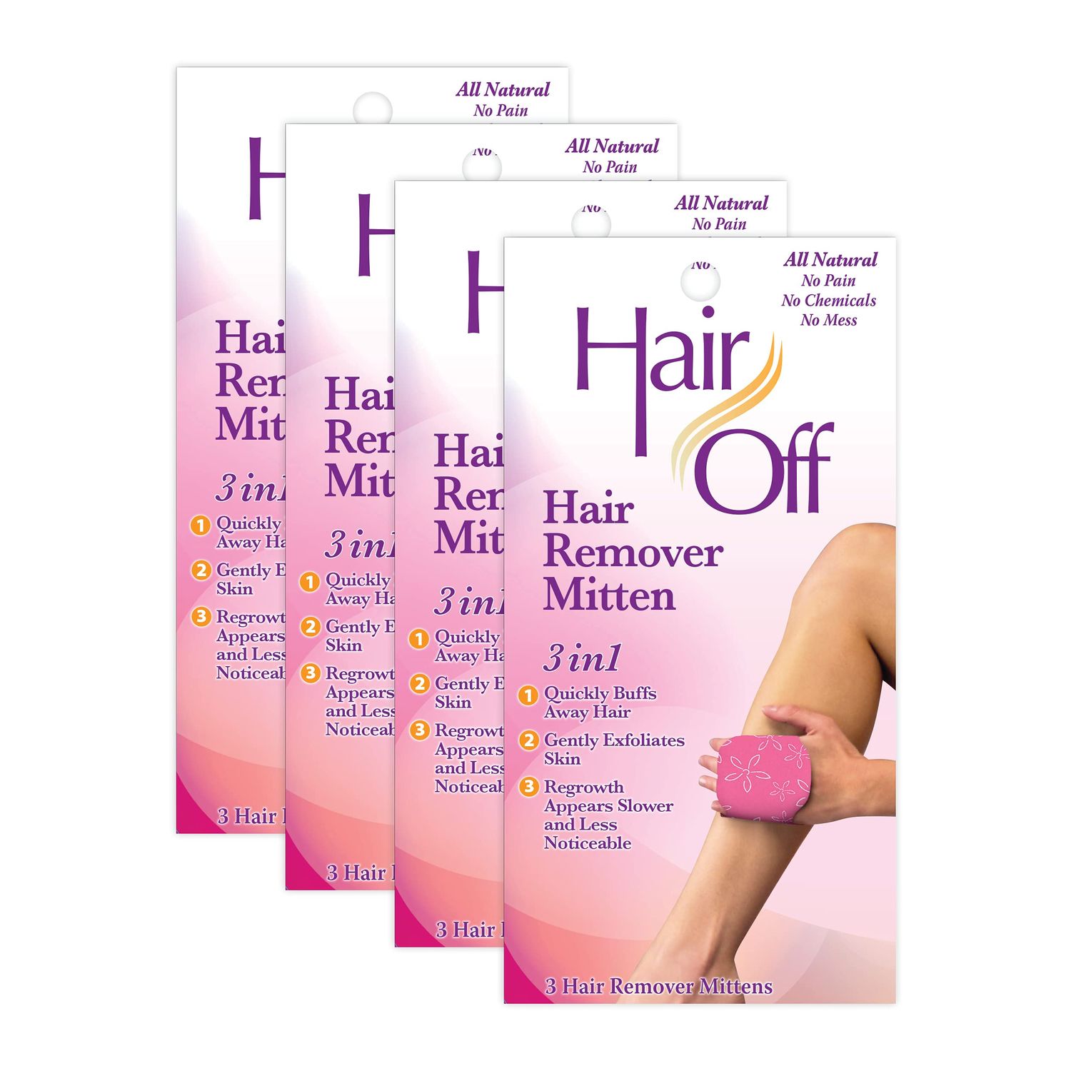 Hair Off Hair Remover Mitten - All-Natural, Painless &amp; Chemical Free - Full Body Hair Removal - Slows &amp; Lessens Regrowth - Exfoliates Skin (3 Mittens Per Box, Pack of 4)