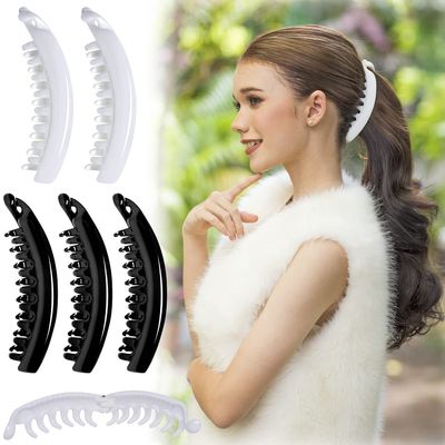 RC ROCHE ORNAMENT 6 Pcs Womens Premium Hair Plastic Banana Classic Clincher Strong Hold Ponytail Maker Girls Ladies Beauty Accessory Clasp Clip, Large Black and White