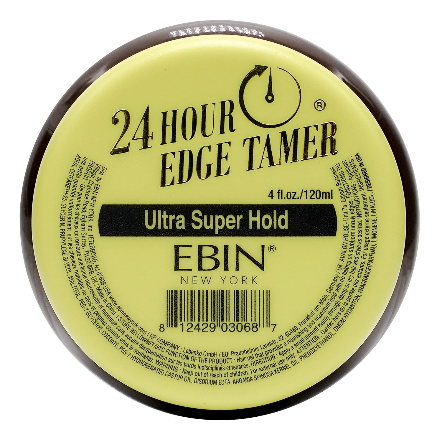 EBIN NEW YORK 24 Hour Edge Tamer Ultra Super Hold 4.0 fl.oz/120ml No Flaking, Smooth Shine, Argan &amp; Castor Oil, Strong Edge Control Gel, Edge gel