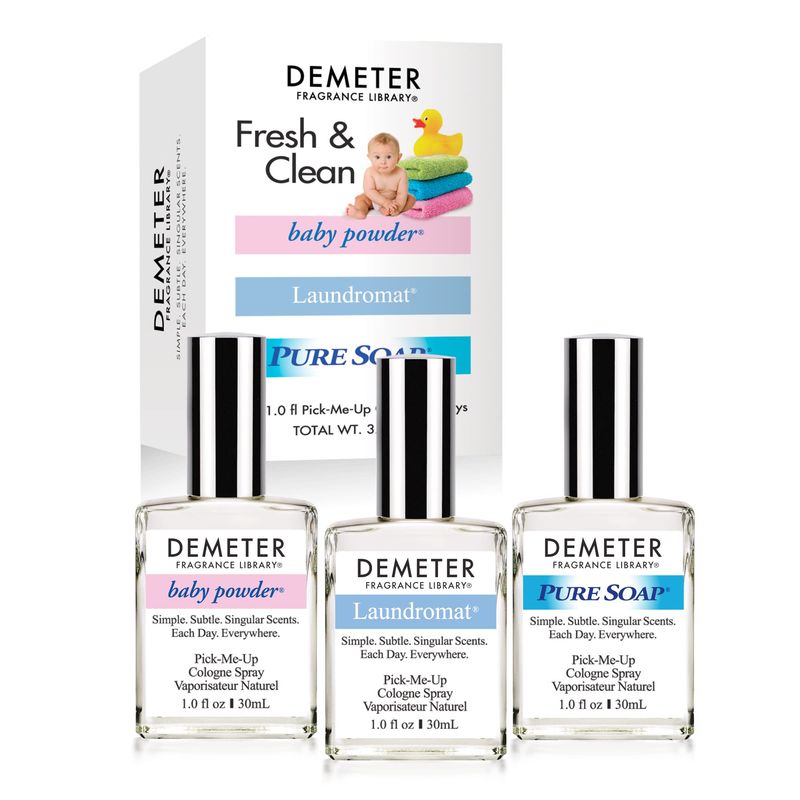 DEMETER Fresh And Clean Collection, Set of 3 Unique Perfumes For Women, Baby Powder, Pure Soap, Laundromat, 1 Oz Each
