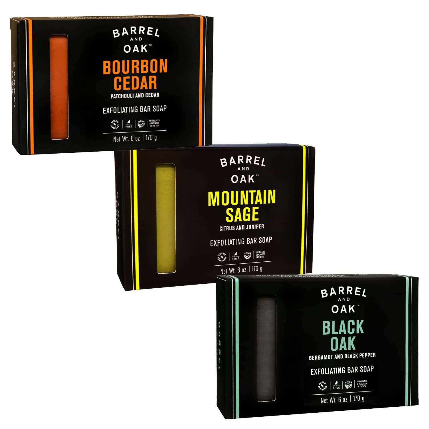 Barrel and Oak - Exfoliating Bar Soap Variety Pack, Men&#39;s Soap Bar, Natural Exfoliator, Skin Scrub, Deep Cleans Pores (6 oz Per Bar Soap, 3-Pack)