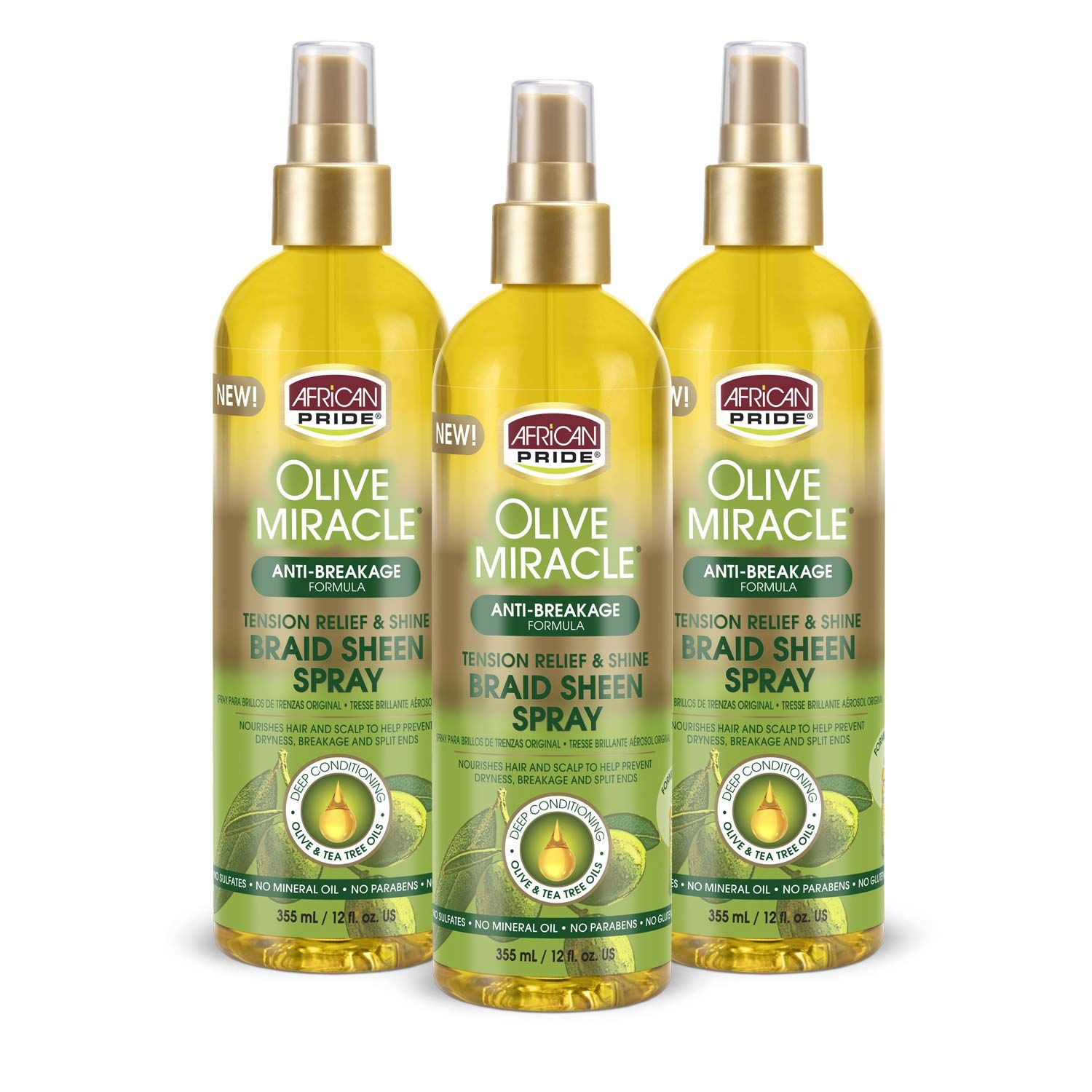 African Pride Olive Miracle Braid Sheen Spray (3 Pack) with tea tree oil and olive oil to protect and moisturize scalp and hair.12oz.