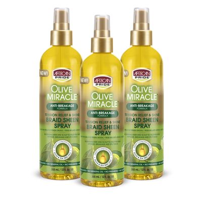African Pride Olive Miracle Braid Sheen Spray (3 Pack) with tea tree oil and olive oil to protect and moisturize scalp and hair.12oz.