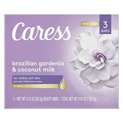 Caress Beauty Bar Soap For Visibly Soft Skin Brazilian Gardenia &amp; Coconut Milk With Floral Oil Essence 3.15 oz 3 Bars