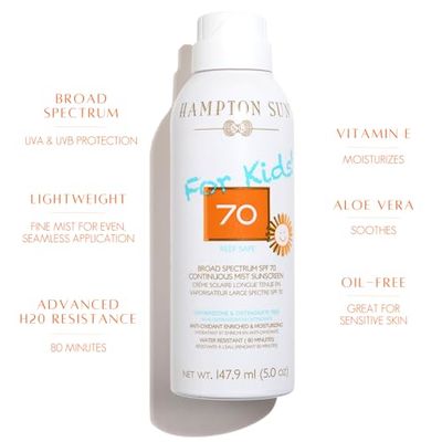 Hampton Sun SPF 70 Continuous Mist Sunscreen for Kids, Broad Spectrum + Advanced Water/ Sweat Resistance, Antioxidant-Rich Vitamin E + Aloe for Hydrated, Soothed Skin Oil-Free, All Skin Types