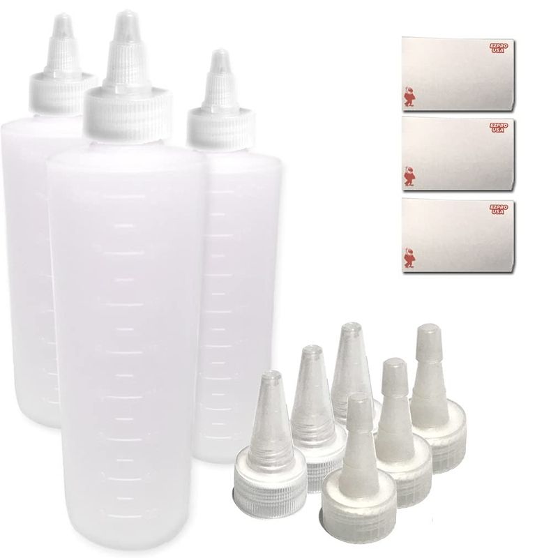 EZPRO USA Applicator Empty Plastic Bottle Twist Top Cap with Long Tip, BPA-free Coloring Treatment Squeeze Bottles for Food/Hair/Tattoo, Bleach Dye Application, 8 ounce 250 ml (Pack of 3)