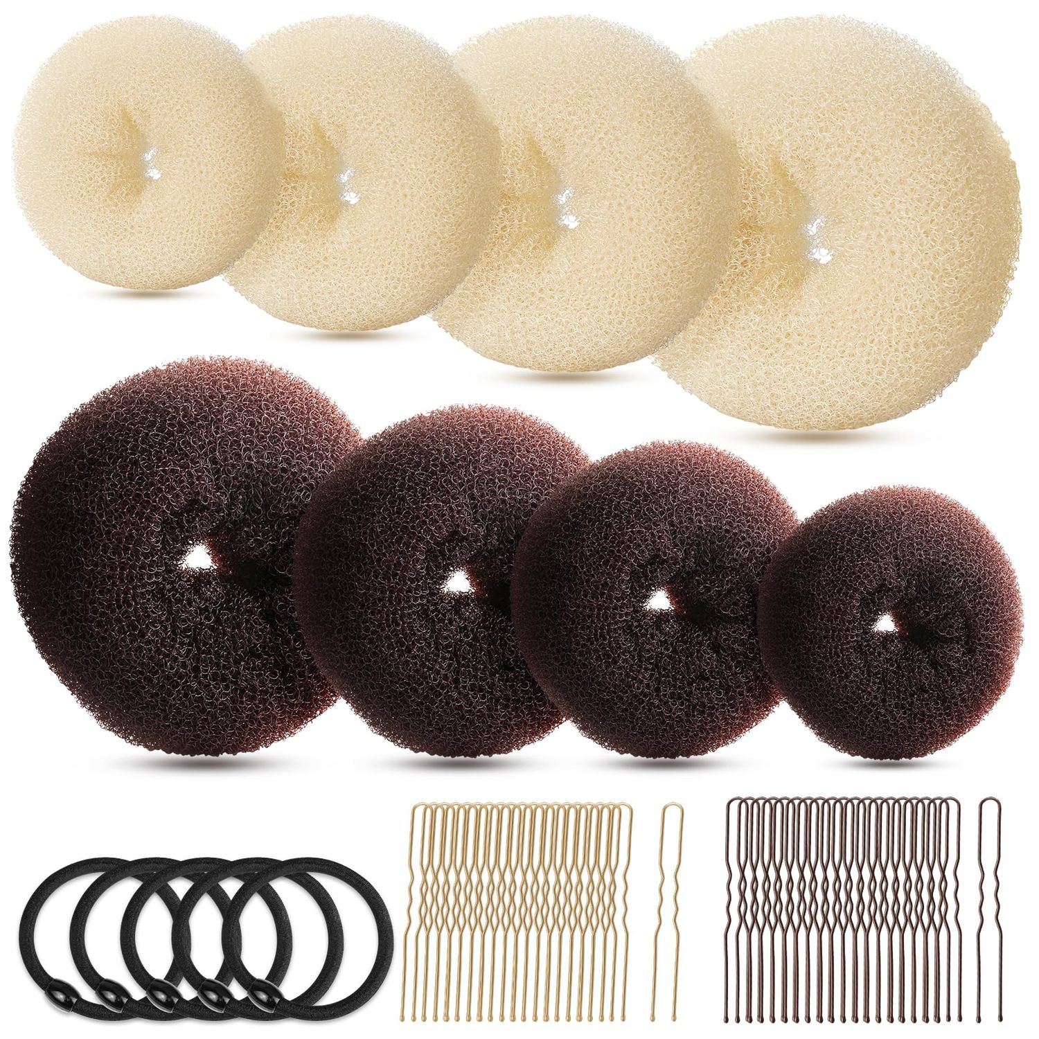 FANDAMEI Hair Bun Maker Set, Donut Bun Maker Set With 4pcs Dark Brown &amp;4pcs Beige(2 extra-large,2 large,2 medium and 2 small), 5 pieces Hair Elastic Bands, 40 pieces Hair Bobby Pins (Brown and Gold)