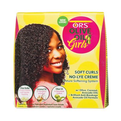 ORS Olive Oil Girls Soft Curls No-Lye Creme Texture Softening System Kit with Olive, Coconut &amp; Avocado Oils (Pack of 1)