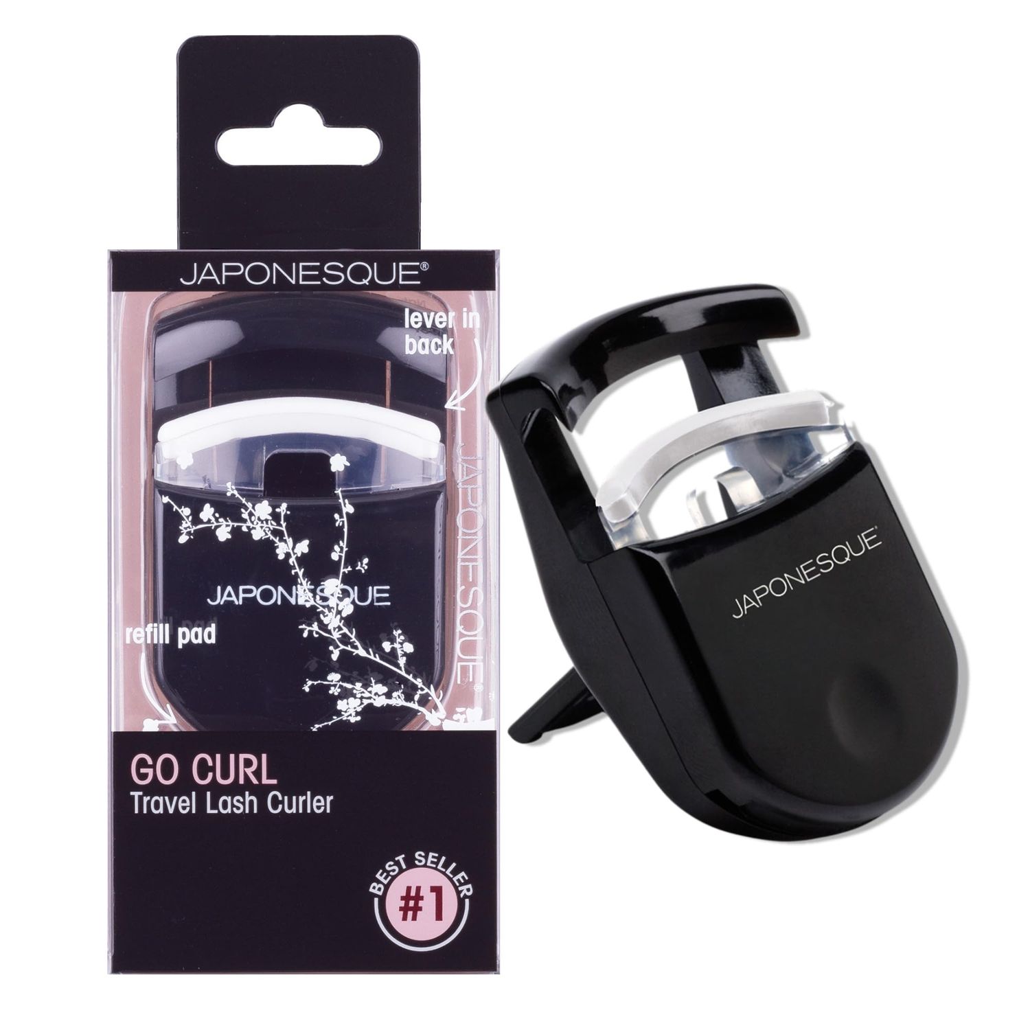 JAPONESQUE Travel Eyelash Curler, Black - Plastic Eyelash Curlers for Travel Makeup, Go Curl Lash Curler with Bonus Replacement Lash Pad - 1 Pack