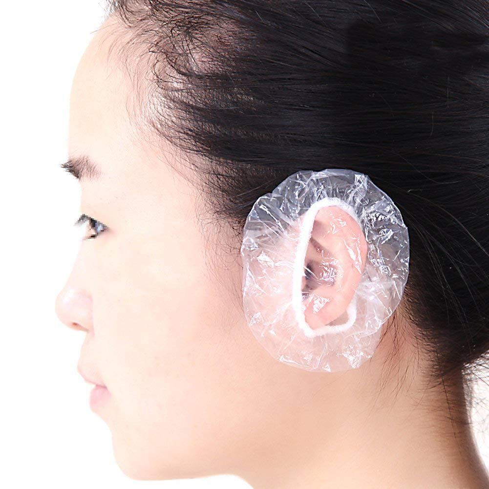 100PCS Ear Protector Caps Disposable Clear Shower Water Ear Covers Disposable Plastic Shower Cap Large Elastic Clear Bath Cap For Spa Home Use Hotel and Hair Salon (Clear)