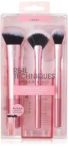 Real Techniques Cruelty Free Sculpting Set, Includes Fan or Setting Brush &amp; Brush Cup, Synthetic Bristles, Pink, 4 Piece