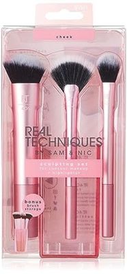 Real Techniques Cruelty Free Sculpting Set, Includes Fan or Setting Brush &amp; Brush Cup, Synthetic Bristles, Pink, 4 Piece