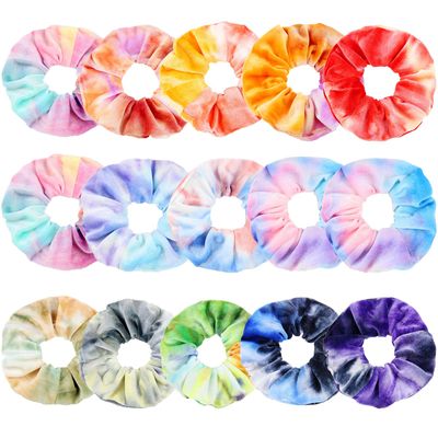 ZOCONE Tie Dye Scrunchies, 15 PCS Velvet Scrunchies for Hair in Gradient Color, Soft Rainbow Scrunchy Ponytail Holder, Hair Accessories Elastic Hair Bands for Women Girls, Tie Dye Party Favors
