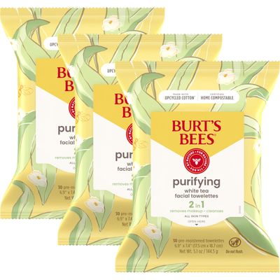 Burt&#39;s Bees Stocking Stuffers, White Tea Face Wipes, for Sensitive Skin, Soothing Makeup Remover &amp; Facial Cleansing Towelettes Christmas Gifts, 30 Ct. (3-Pack)