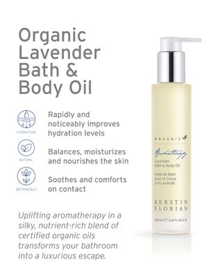 Kerstin Florian Organic Lavender Body Oil | Nutrient-Rich Moisturizer with Vitamin E, Coconut &amp; Jojoba Oils | Natural Essential Oils for Relaxation &amp; Massage | 3.4 fl oz
