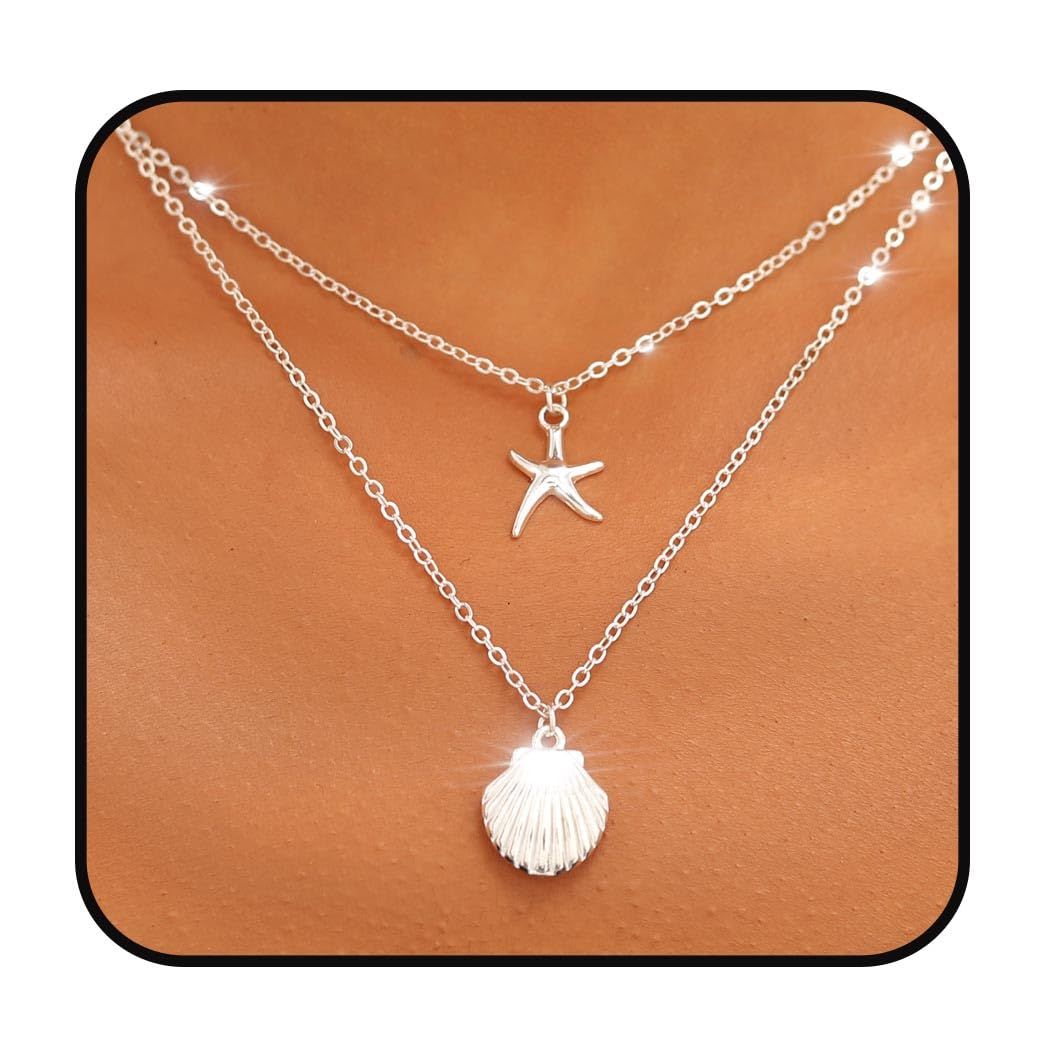 Yalice Layered Starfish Necklace Chain Boho Shell Pendant Necklaces Beach Surfer Costume Jewelry for Women
