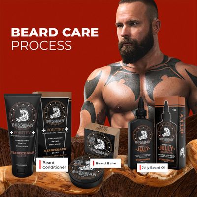 Bossman Essentials Beard Kit for Men - Beard Oil Jelly, Fortifying Conditioner Cream, Beard Balm - Grooming Growth Care Accessories (Stagecoach)