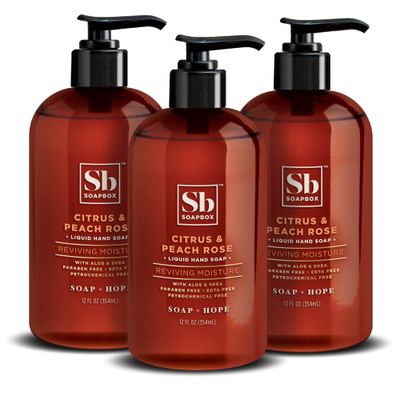 Soapbox Liquid Hand Soap, Citrus &amp; Peach Rose - Gentle, Moisturizing Hand Cleanser, Aromatic &amp; Soothing, Vegan &amp; Cruelty Free Hand Wash for Kitchen and Bathroom, 12oz Pump Bottles (Pack of 3)