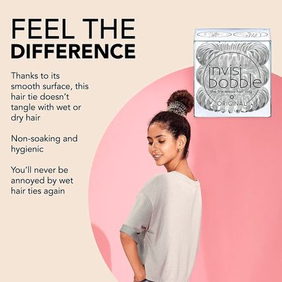 invisibobble Original Traceless Spiral Hair Ties with Strong Grip, Non-Soaking, Hair Accessories for Women - Crystal Clear , 3 Count (Pack of 1)