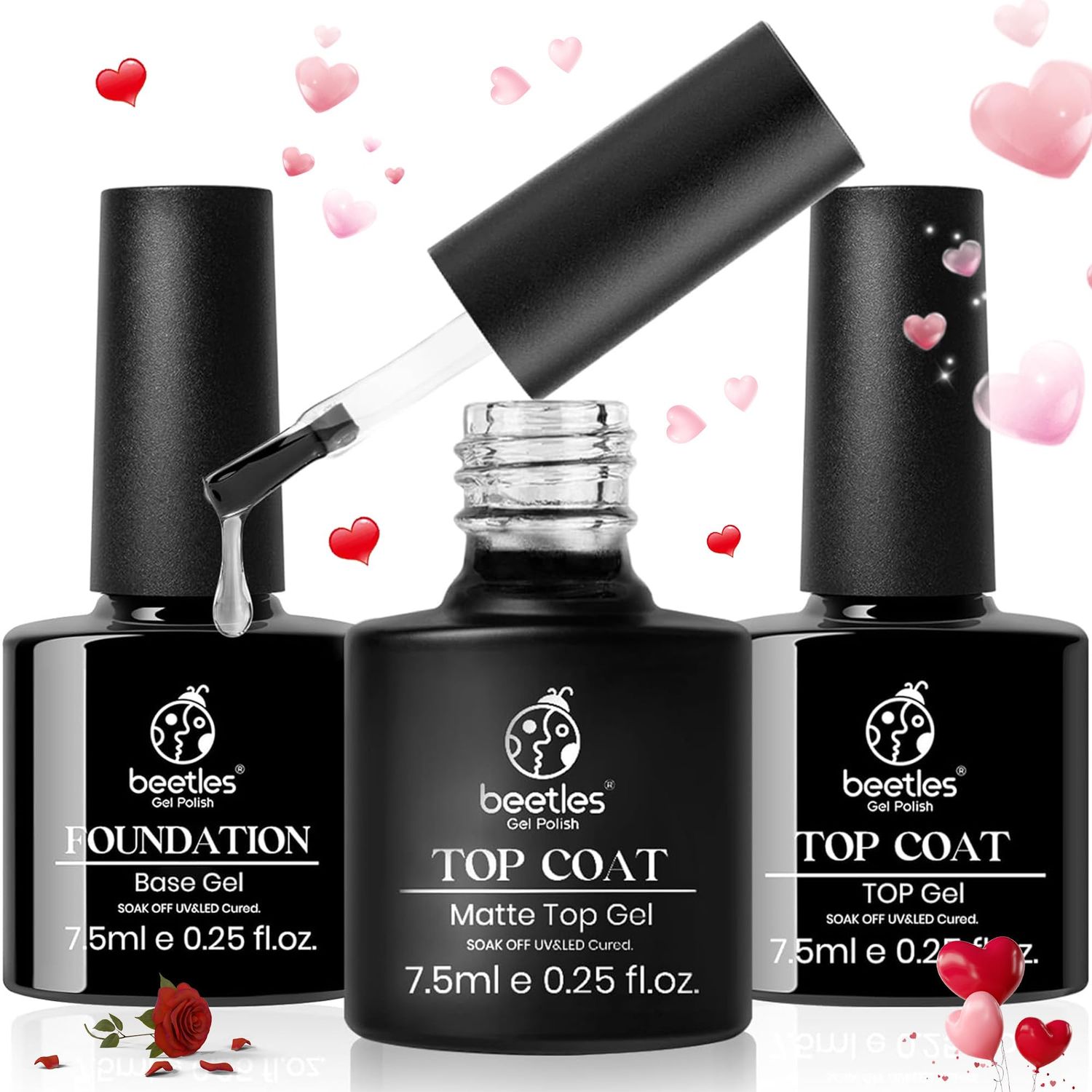 Beetles Gel Top Coat Base Coat Set for Gel Nail Polish, 3Pcs No Wipe Base Gel Matte &amp; Shiny Top Coat, Long Lasting High Gloss and Matte Effects Soak off Uv Led Gel DIY Valentines Day Gifts for Women