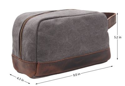 Vintage Leather Canvas Travel Toiletry Bag Shaving Dopp Kit #A001 (Grey)