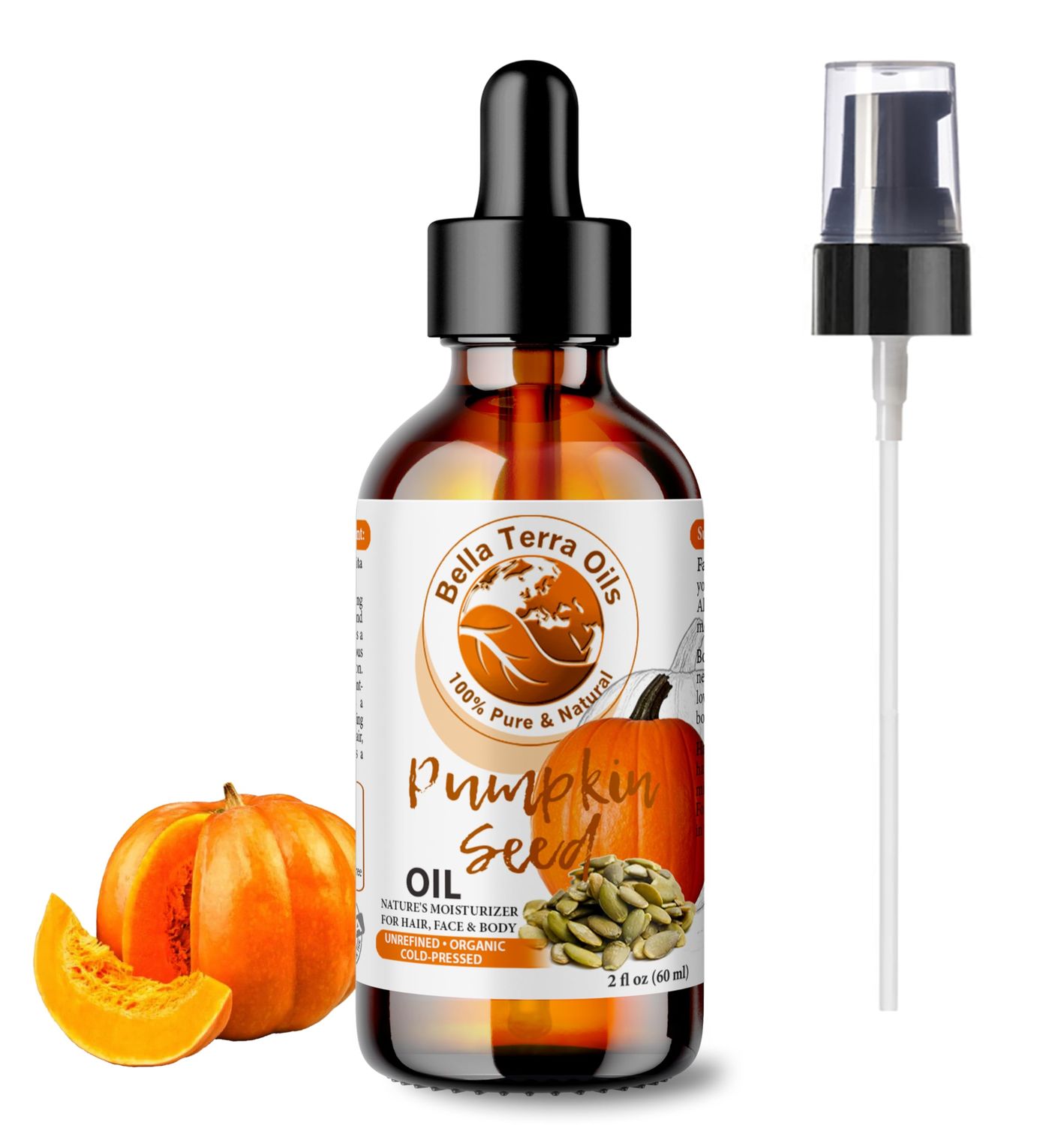 Bella Terra Oils - Organic Pumpkin Seed Oil 2oz - Pure Organic Pumpkin Essence, Boasting Linoleic Acid &amp; Vitamin A, For Skin That Tells a Tale of Elegance