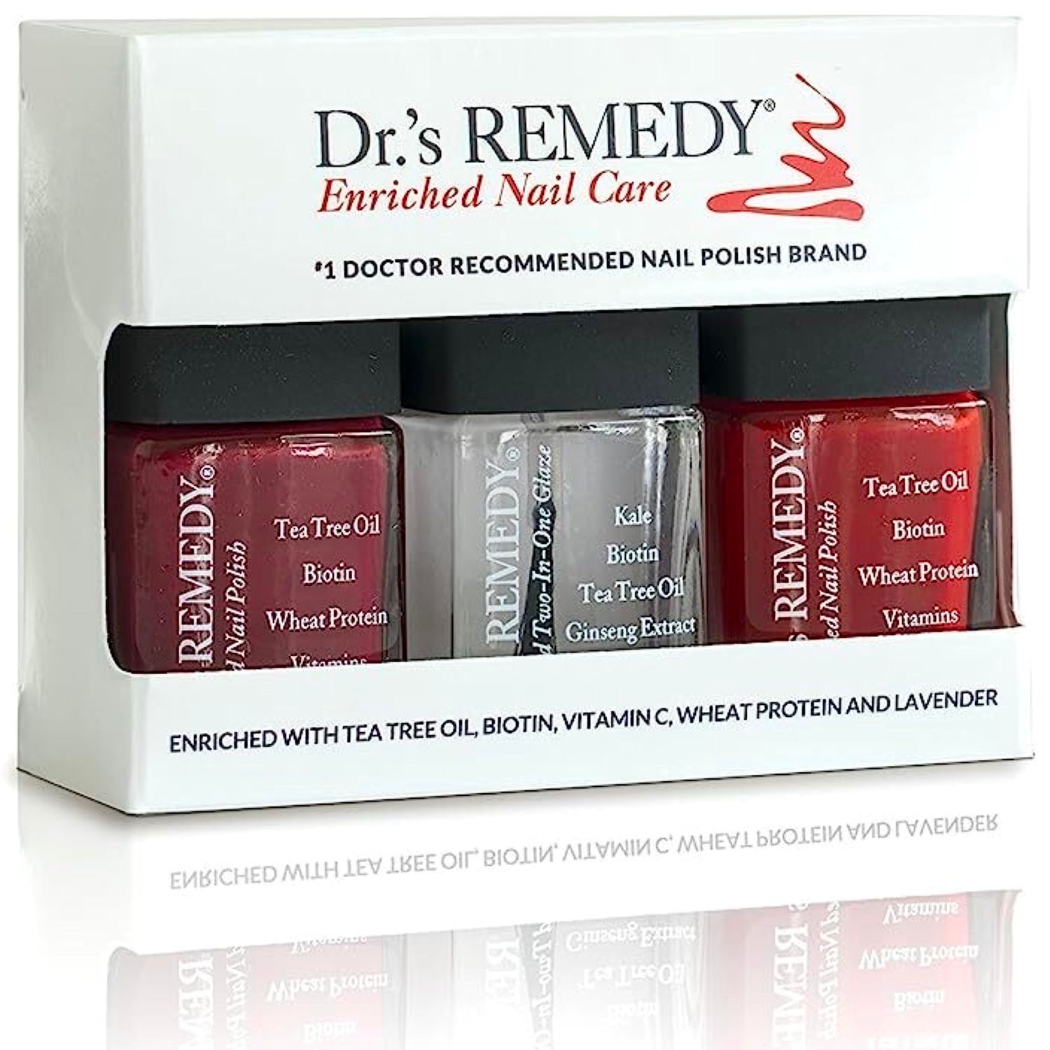 Drs Remedy 3 Pack Nail Polish Kit, TOTAL Two-in-One Glaze/BALANCE Brick Red/REMEDY Red - Non Toxic and Organic All Natural Enriched Nail Strengthener
