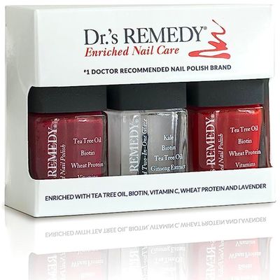 Drs Remedy 3 Pack Nail Polish Kit, TOTAL Two-in-One Glaze/BALANCE Brick Red/REMEDY Red - Non Toxic and Organic All Natural Enriched Nail Strengthener