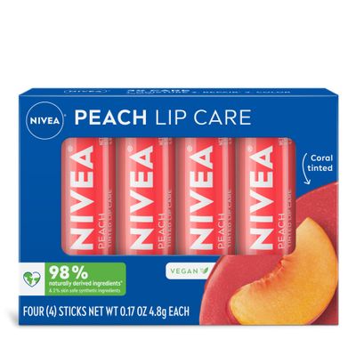 NIVEA Peach Lip Care, Tinted Lip Balm Pack with Shea Butter, Nourishing Oils and Vitamin C &amp; E, 3-in-1 Moisture, Repair (for Dry Lips) and Color, 0.17 Oz Stick, Pack of 4