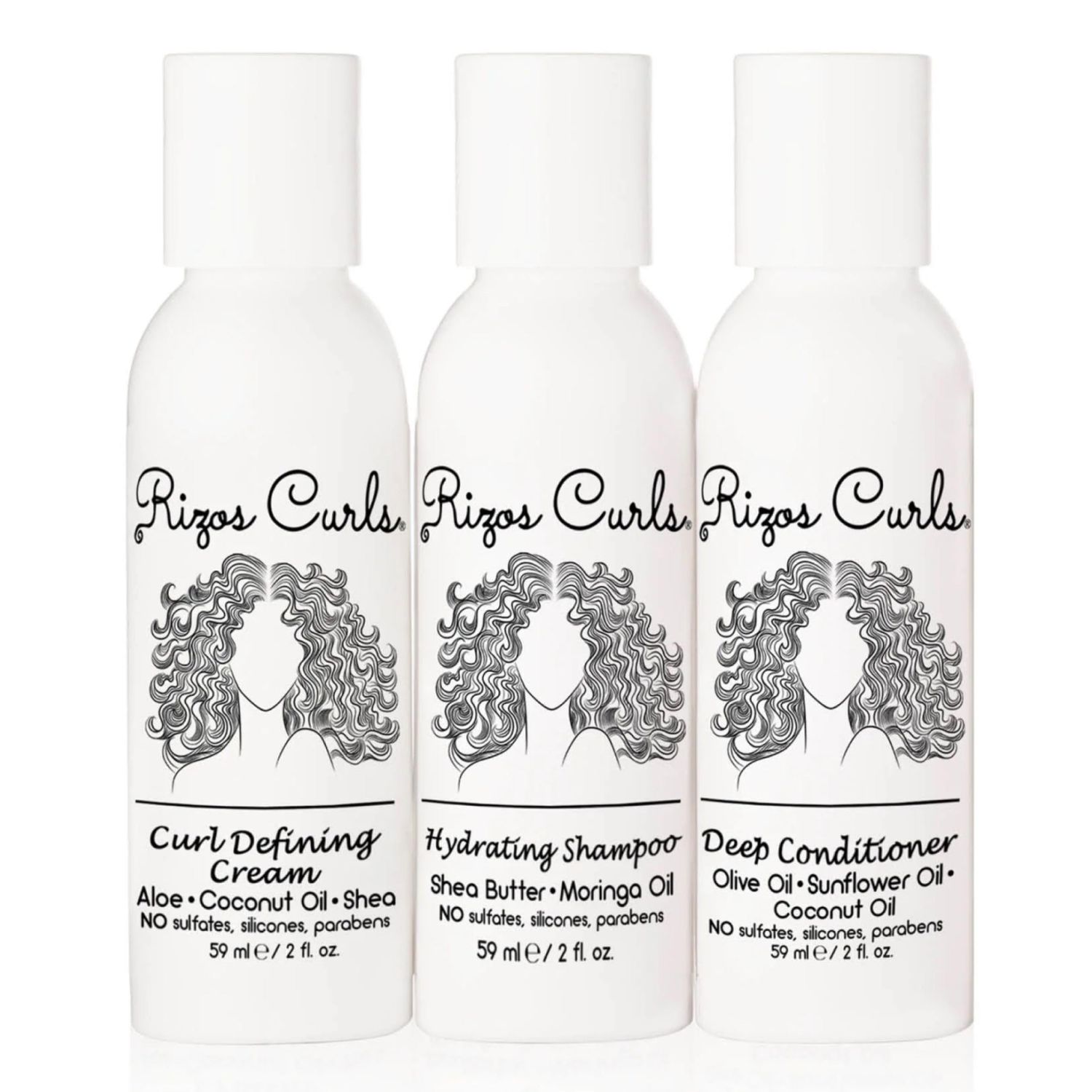 Rizos Curls Trio Travel Curl Kit, Includes Travel Hydrating Shampoo, Travel Deep Conditioner, Travel Curl Cream, Gently Cleanse, Hydrate and Style, For All Curl Patterns 2a - 4c, 3 pack of 2 oz