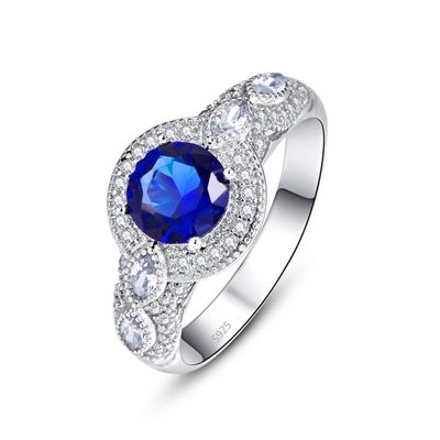 Empsoul 925 Sterling Silver Blue Ring Round Cut Simulated Sapphire Quartz Cubic Zirconia Wedding Ring for Women Mother&#39;s Day Gift Size 6