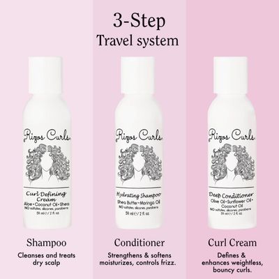 Rizos Curls Trio Travel Curl Kit, Includes Travel Hydrating Shampoo, Travel Deep Conditioner, Travel Curl Cream, Gently Cleanse, Hydrate and Style, For All Curl Patterns 2a - 4c, 3 pack of 2 oz