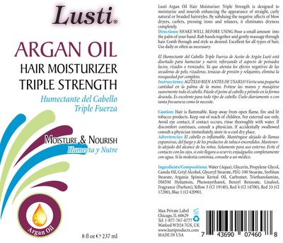 Lusti Argan Oil Hair Moisturizer Triple Strength, 8 fl oz - Moisture &amp; Nourish - Eliminate Dryness Completely