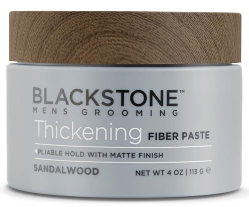 Blackstone Men&#39;s Grooming Thickening Fiber Paste Gel for Hair Styling - Adds Volume with Pliable Hold &amp; Matte Finish | Paraben &amp; Cruelty Free | Made in USA, Sandalwood (4 oz)