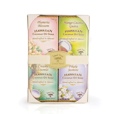 Island Soap &amp; Candle Works Scented Coconut Soap Sample Pack, Four 2oz. Bars, Creamy Coconut, Plumeria, Pikake, Mango Coconut Guava