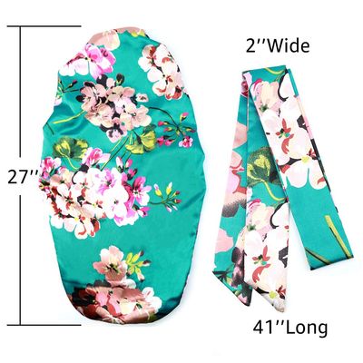 Sent Hair Extra Long Satin Bonnet Sleep Cap for Women, Double Layer Silky Hair Bonnet for Braids/Curly/Long Hair - Soft Elastic Band, Green Floral