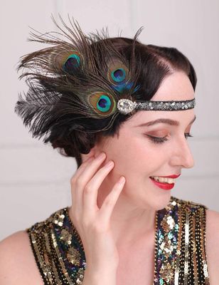 Aimimier 1920s Peacock Feather Headband Black Headpiece with Sequins Head Chain Masquerade Hair Accessories for Women