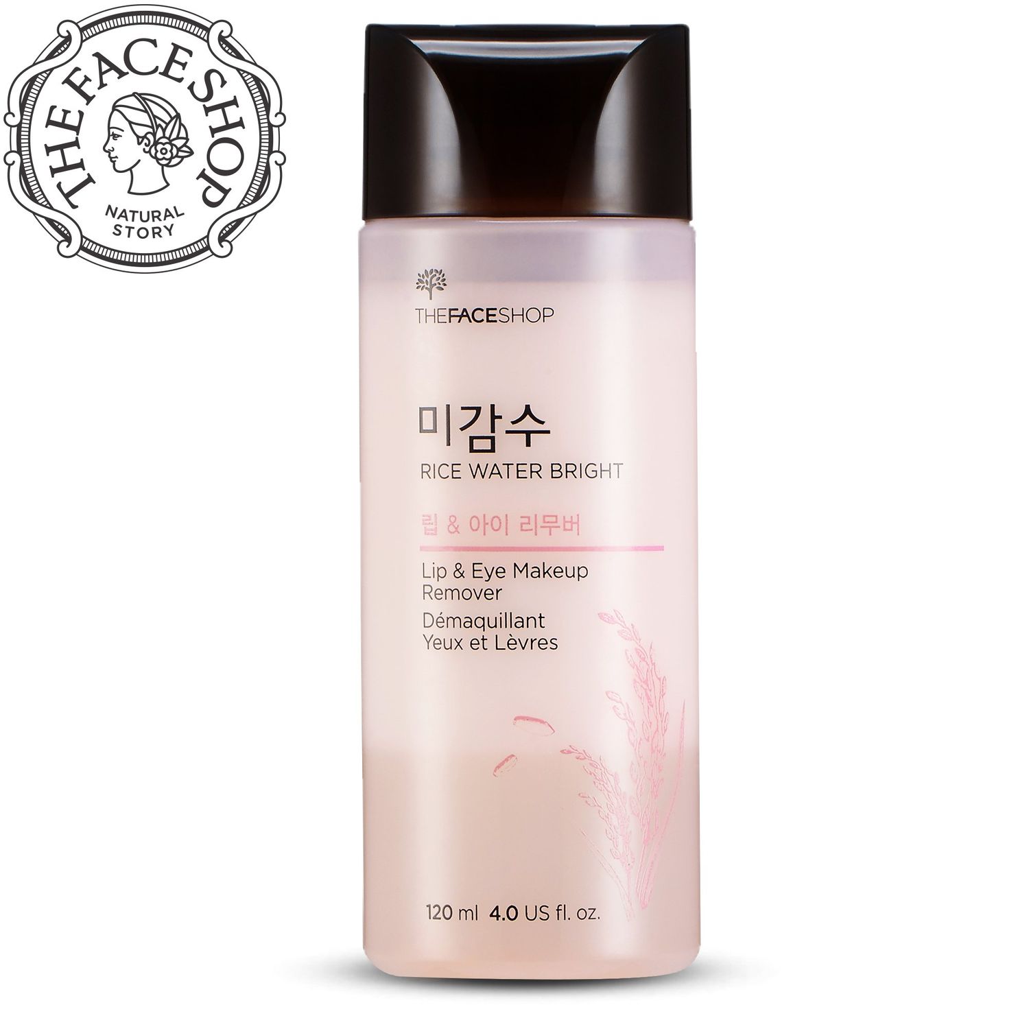 The Face Shop Oil-Free Liquid Eye Makeup Remover, Natural Rice Water Lipstick, Waterproof Mascara &amp; Eyeliner Removal - 120 mL / 4 Oz, K-Beauty