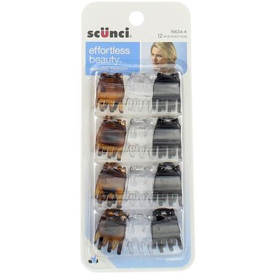 Scunci Hair Clip, Chky, Size 12pc, 2.72 x 0.79 x 6.42 inches, 12 Count, Unisex, Adult, Modern, Solid, Plastic, Daily, Claw, Octopus, Hair Securing, Black, Brown