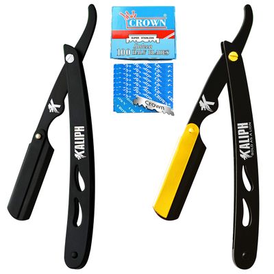 Kaliph Professional Barber Straight Razor For Men - Premium Pack of 2Pcs Shavette Straight Razor With 100 Shaving Blades - Salon Quality Men&#39;s Manual Cut Throat Razor For Close Shaving (Black &amp; Gold)