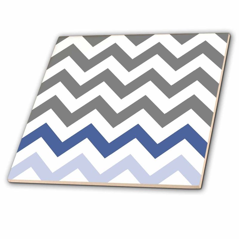 3dRose ct_179810_1 Charcoal Grey Chevron with Blue Zig Zag Accent-Gray Zigzag Pattern-Ceramic Tile, 4"