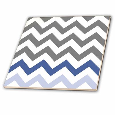 3dRose ct_179810_1 Charcoal Grey Chevron with Blue Zig Zag Accent-Gray Zigzag Pattern-Ceramic Tile, 4"