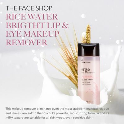 The Face Shop Oil-Free Liquid Eye Makeup Remover, Natural Rice Water Lipstick, Waterproof Mascara &amp; Eyeliner Removal - 120 mL / 4 Oz, K-Beauty