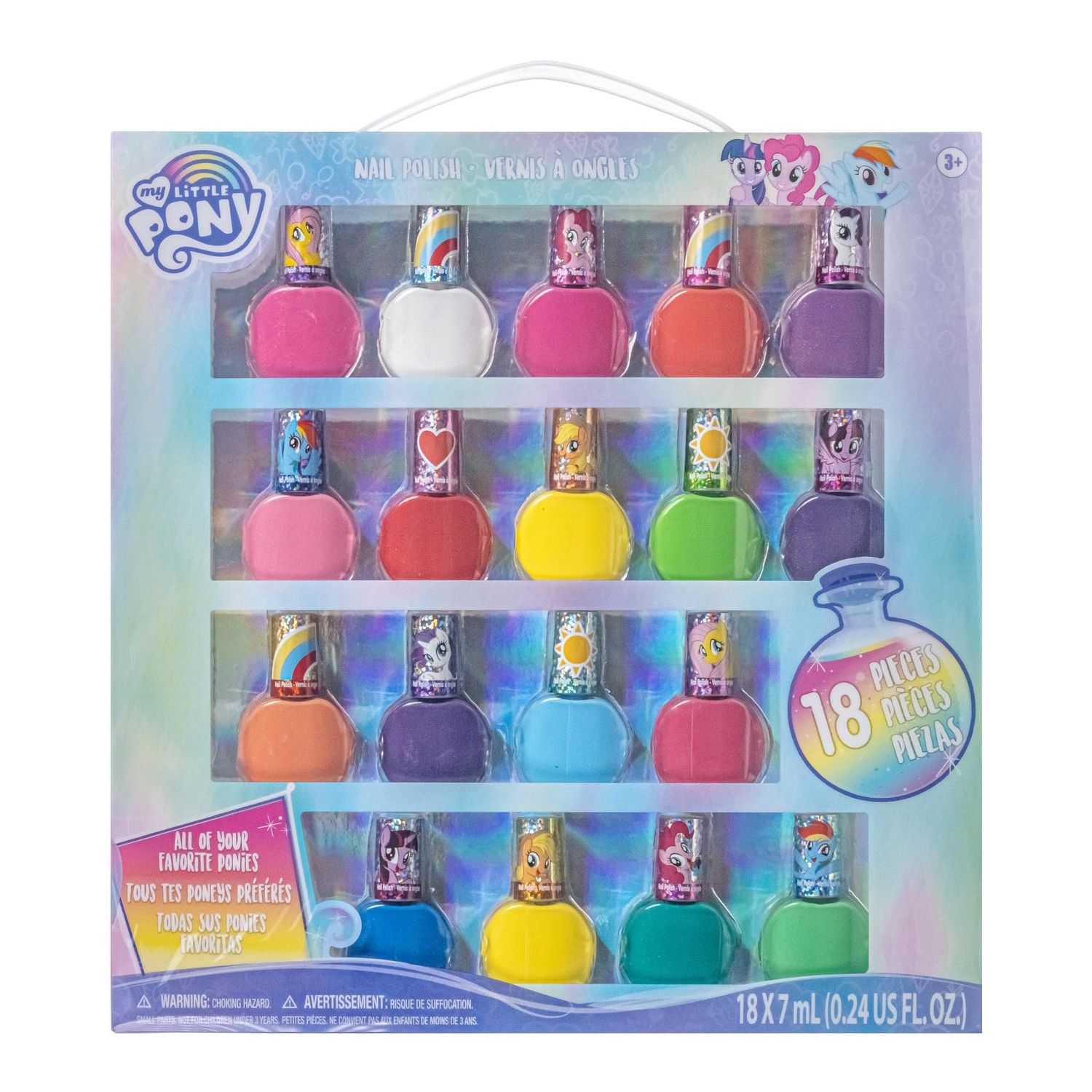 Townley Girl My Little Pony Non-Toxic Water Based Peel-Off Nail Polish Set with Glittery and Opaque Colors for Girls Kids Teens Ages 3+, Perfect for Parties, Sleepovers and Makeovers, 18 Pcs