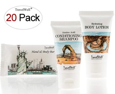 Travel Well Landscape Series Hotel Toiletries Amenities Travel Size Massage Cleaning Soaps 1.0oz/28g,Shampoo &amp; Conditioner 2 in 1,Body Lotion each 20 Individually Wrapped
